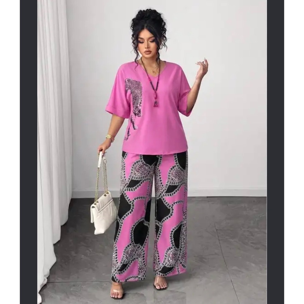 Pink Leopard Graphic Top and Chain Print Wide Leg Pants Set Womens M Barbiecore